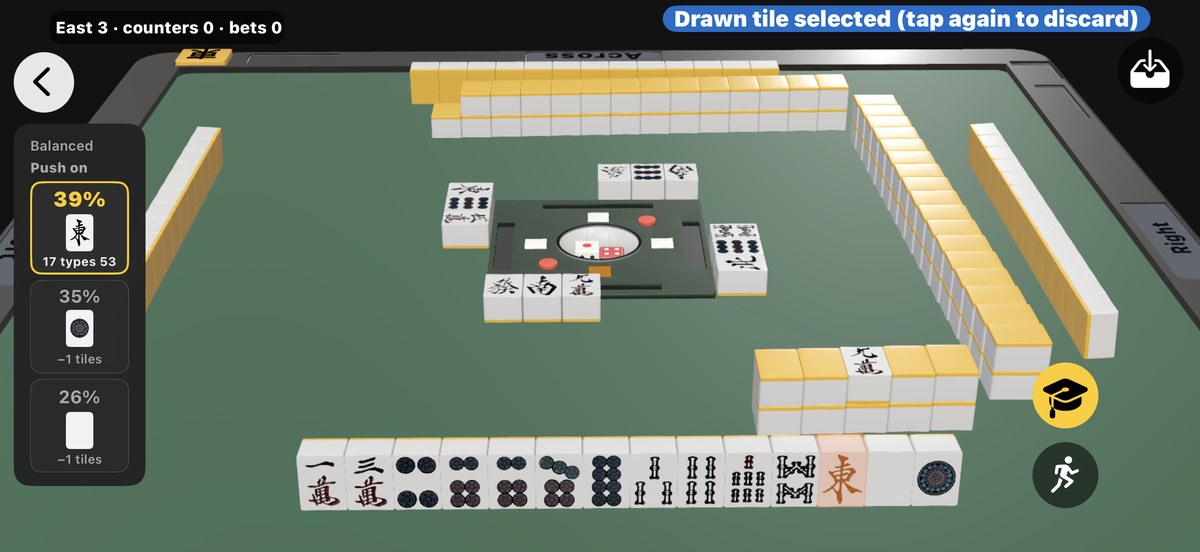 The Coach shown as a column down the left of the screen, listing three discard candidates with percentages, and the yellow cap button on the right